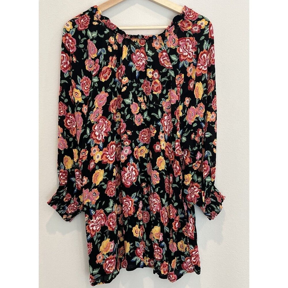 Indigo Rose Women Top Plus Size 2X Peasant Black Floral Blouse Black Red - Picture 2 of 9